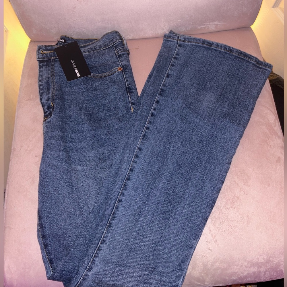 Long, bootleg jeans